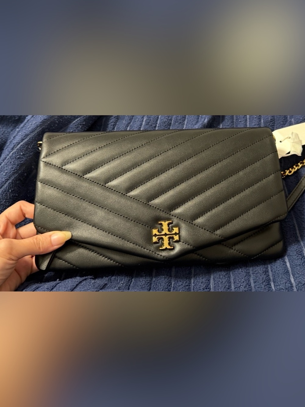 Tory Burch Black Quilted Leather Envelope Crossbody with Gold Logo